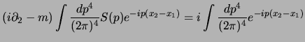 $\displaystyle (i\s{\partial}_2-m)\int {dp^4\over (2\pi)^4} S(p) e^{-ip(x_2-x_1)}=
i\int {dp^4\over (2\pi)^4}e^{-ip(x_2-x_1)}
$