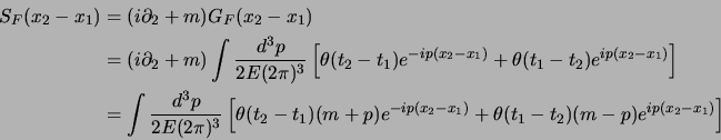 \begin{displaymath}
\begin{aligned}
S_F(x_2-x_1)
&= (i\s{\partial}_2+m) G_F(x_...
...ta(t_1-t_2)(m-\s{p}) e^{ip(x_2-x_1)}
\right]\cr
\end{aligned}\end{displaymath}