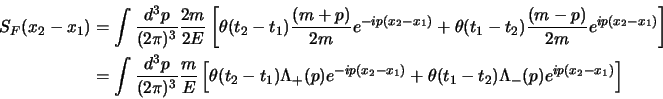 \begin{displaymath}
\begin{aligned}
S_F(x_2-x_1)
&= \int {d^3p\over(2\pi)^3}{2...
...t_1-t_2)\Lambda_-(p) e^{ip(x_2-x_1)}
\right]\cr
\end{aligned}\end{displaymath}