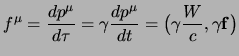 $\displaystyle f^\mu={dp^\mu\over d\tau}=\gamma{d{p^\mu}\over dt}=\big(\gamma{W\over c},\gamma {\bf f}\big)$